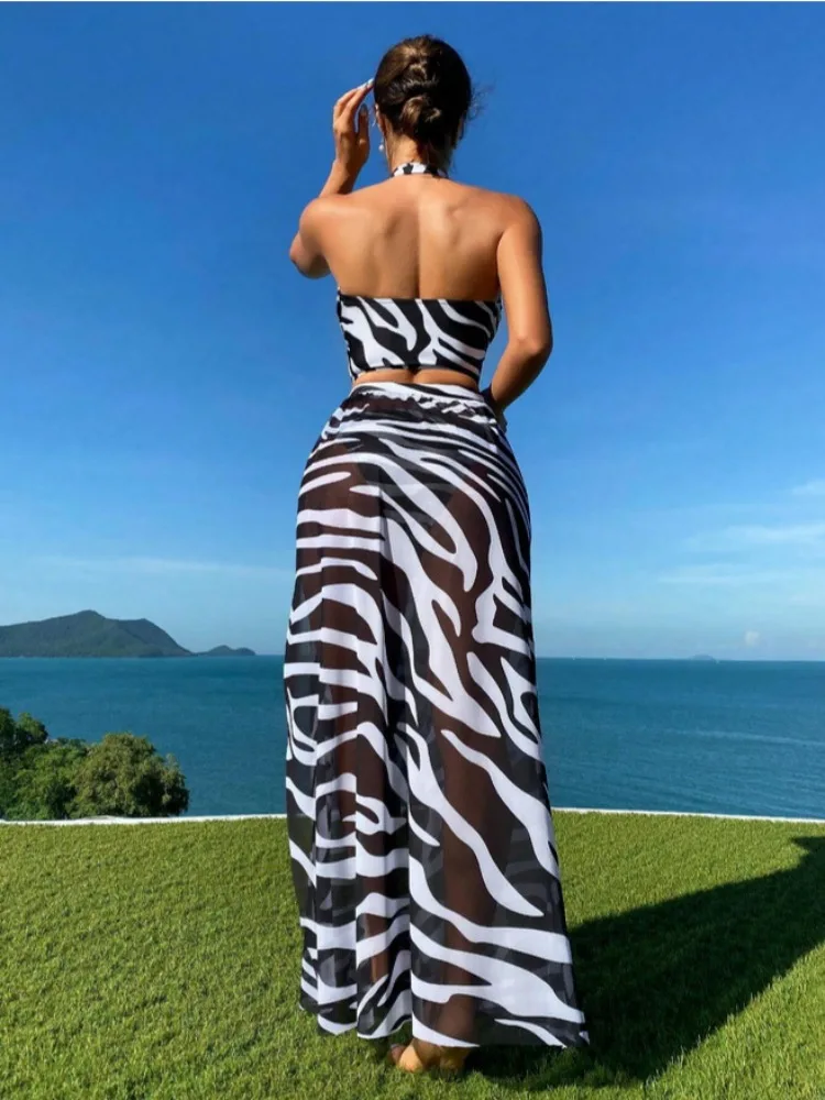 2024 nuovo Set da 3 pezzi Cross Wrap Zebra Print Bikini costume da bagno e vestito copricostume da bagno Sexy perizoma Beachwear costume da bagno