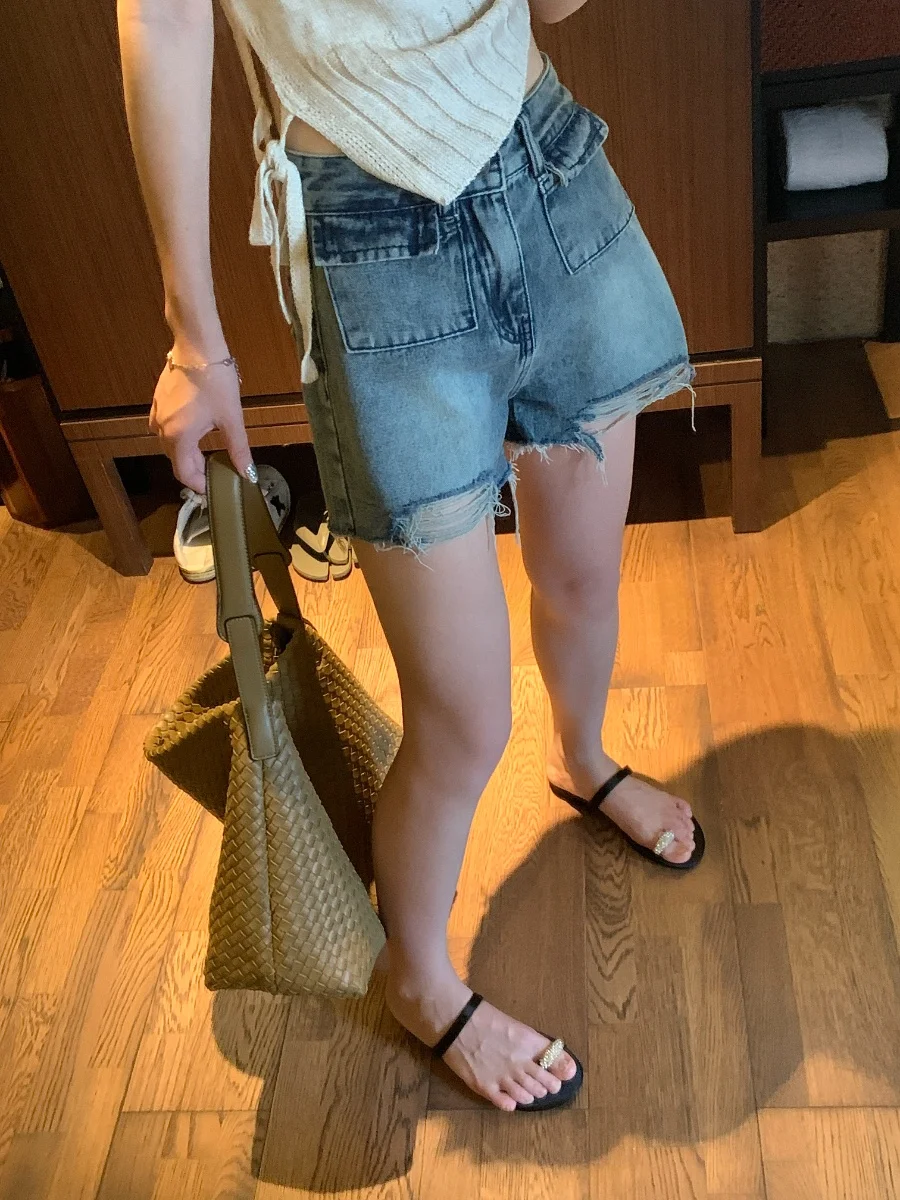 

Retro Blue Denim High Waist A-Line orts Bubble Bling Small ket Tear Design Summer Wear for Young Women 8-24 Years Old