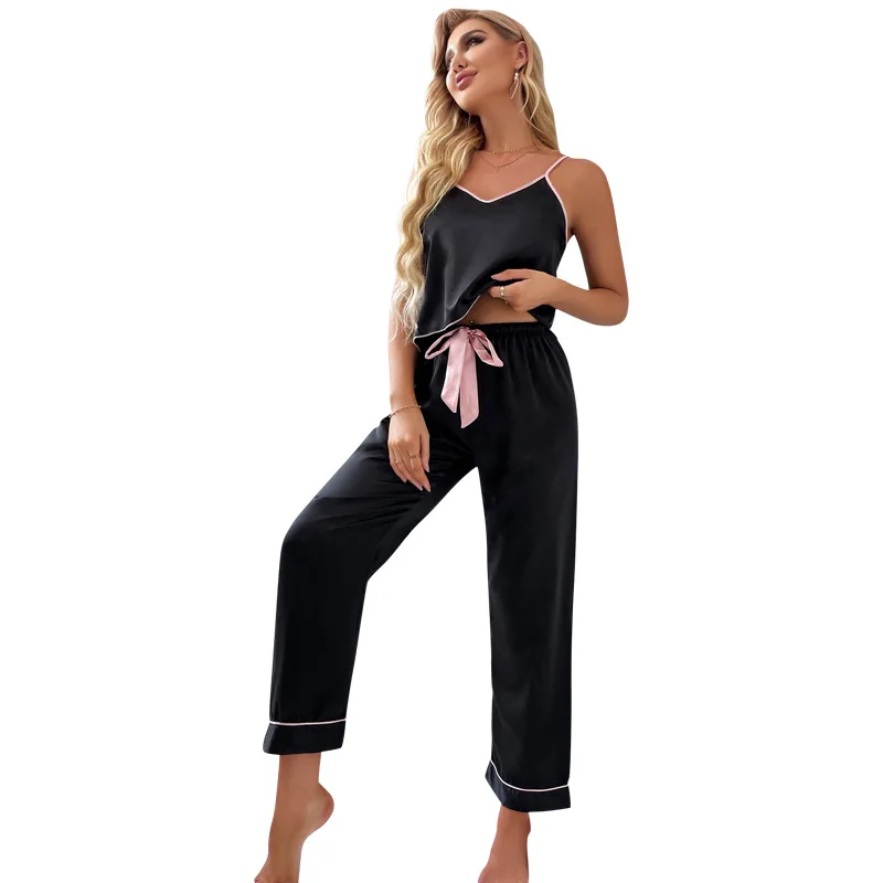 Conjunto de pijamas de cetim sexy lingerie pijamas de seda saitn pijamas sem mangas conjunto de pijamas casa wear pijamas femme