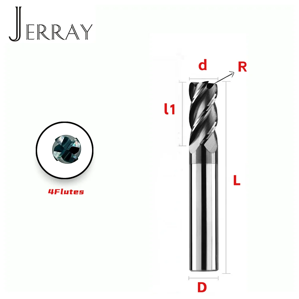 Tungstênio Carbide Flat End Moinho com Raio de Canto, CNC R Bull Nose Milling Cutter, Metal Router Bits para Madeira e Aço, 4 Flautas, HRC45