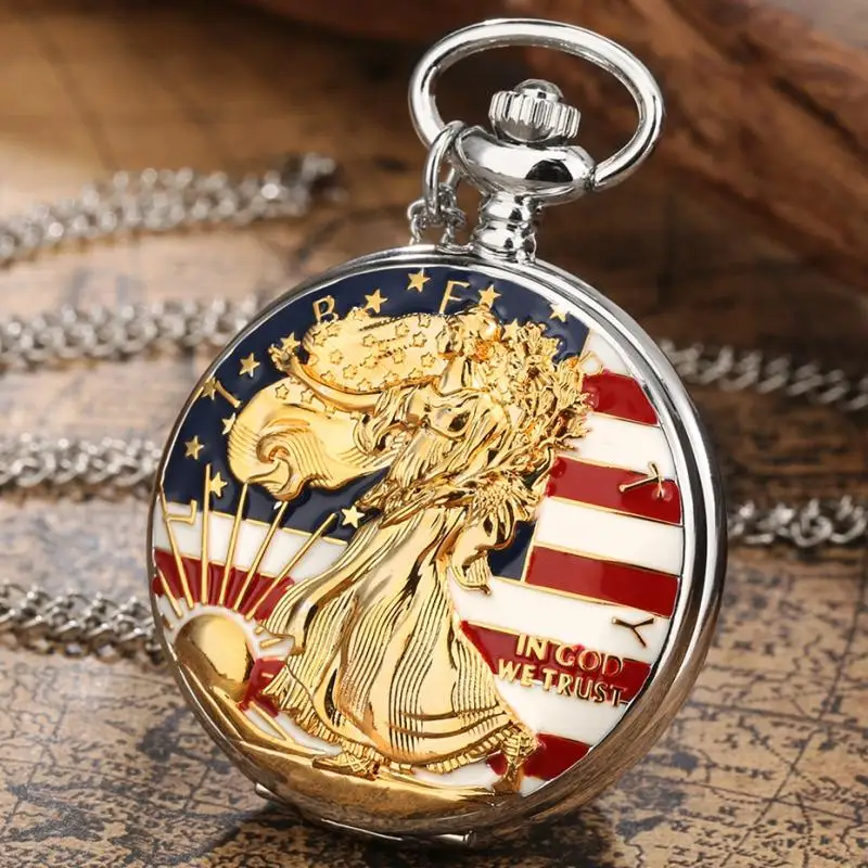 Golden Statue of Liberty American Flag Design Quartz Pocket Watch Pendant Chain FOB Clock Necklace Jewelry Watches Collectibles