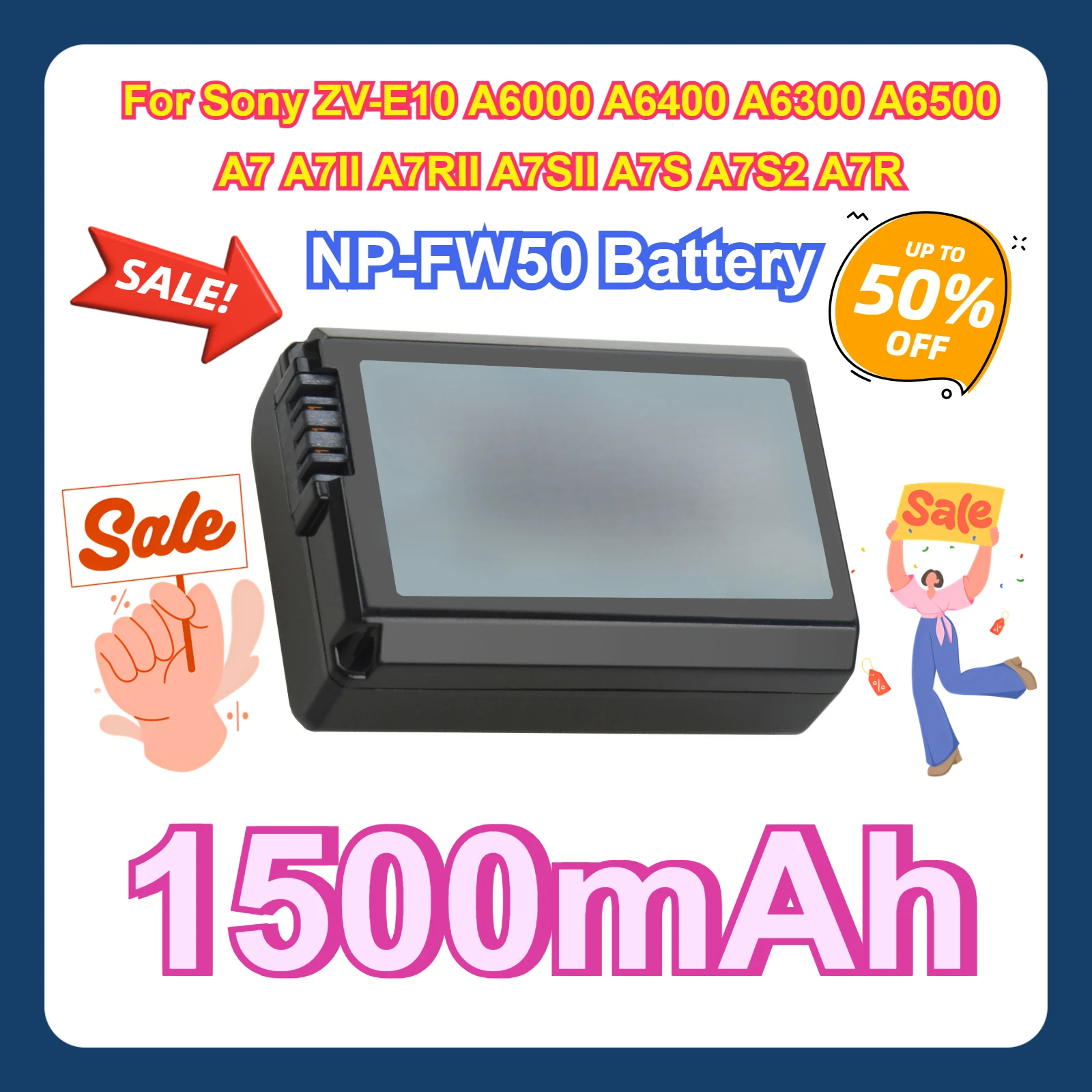 

For Sony ZV-E10 A6000 A6400 A6300 A6500 A7 A7II A7RII A7SII A7S A7S2 A7R 1500mAh NP-FW50 NP FW50 Battery