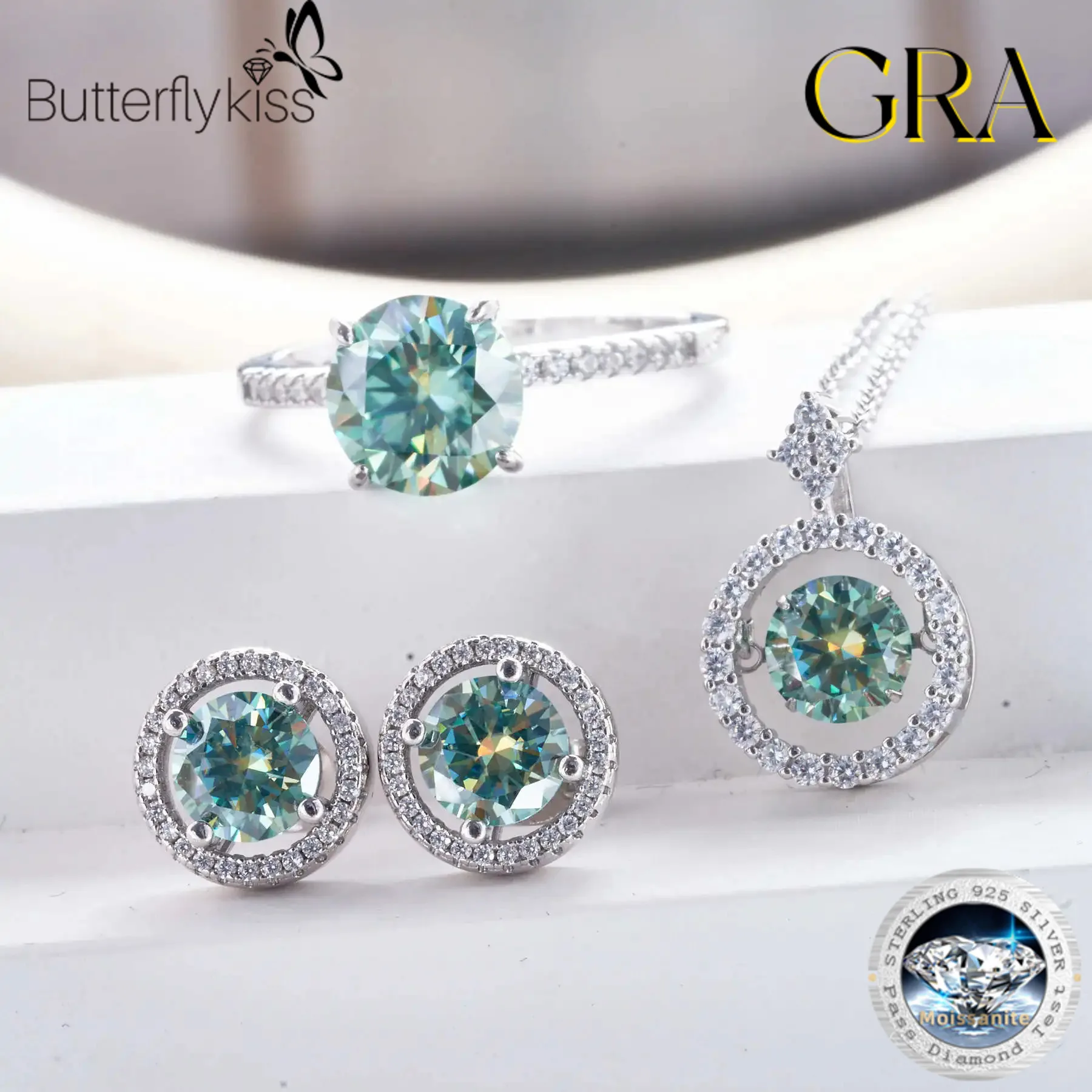 

Butterflykiss Total 6CT Moissanite Jewelry Set 925 Sterling Silver Party Wedding Rings Earrings Necklace For Women Certificate