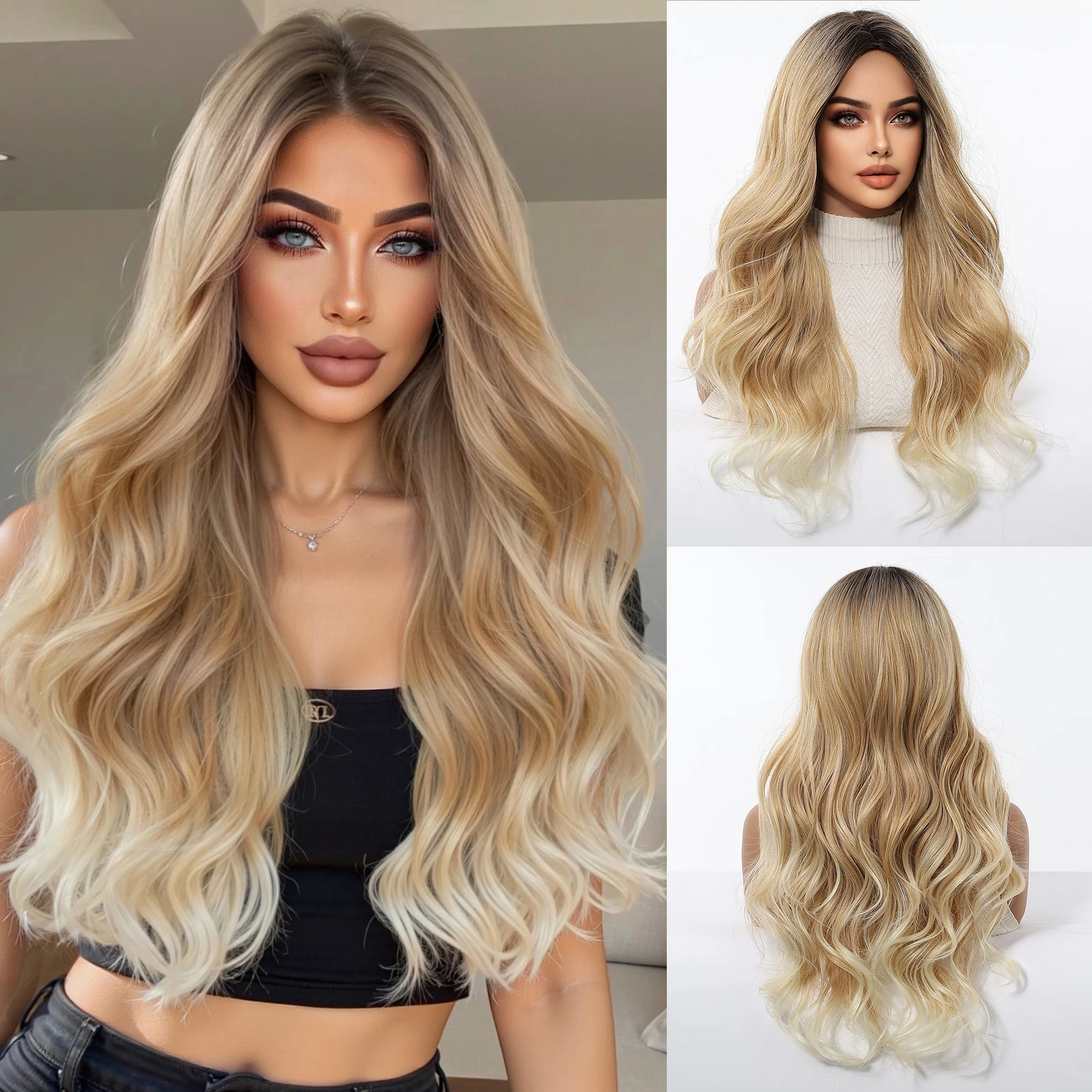 

HAIRCUBE Длинный синтетический волнистый парик блондинки с эффектом омбре для женщин, парик средней части темного корня для любого случая, термостойкие искусственные волосы