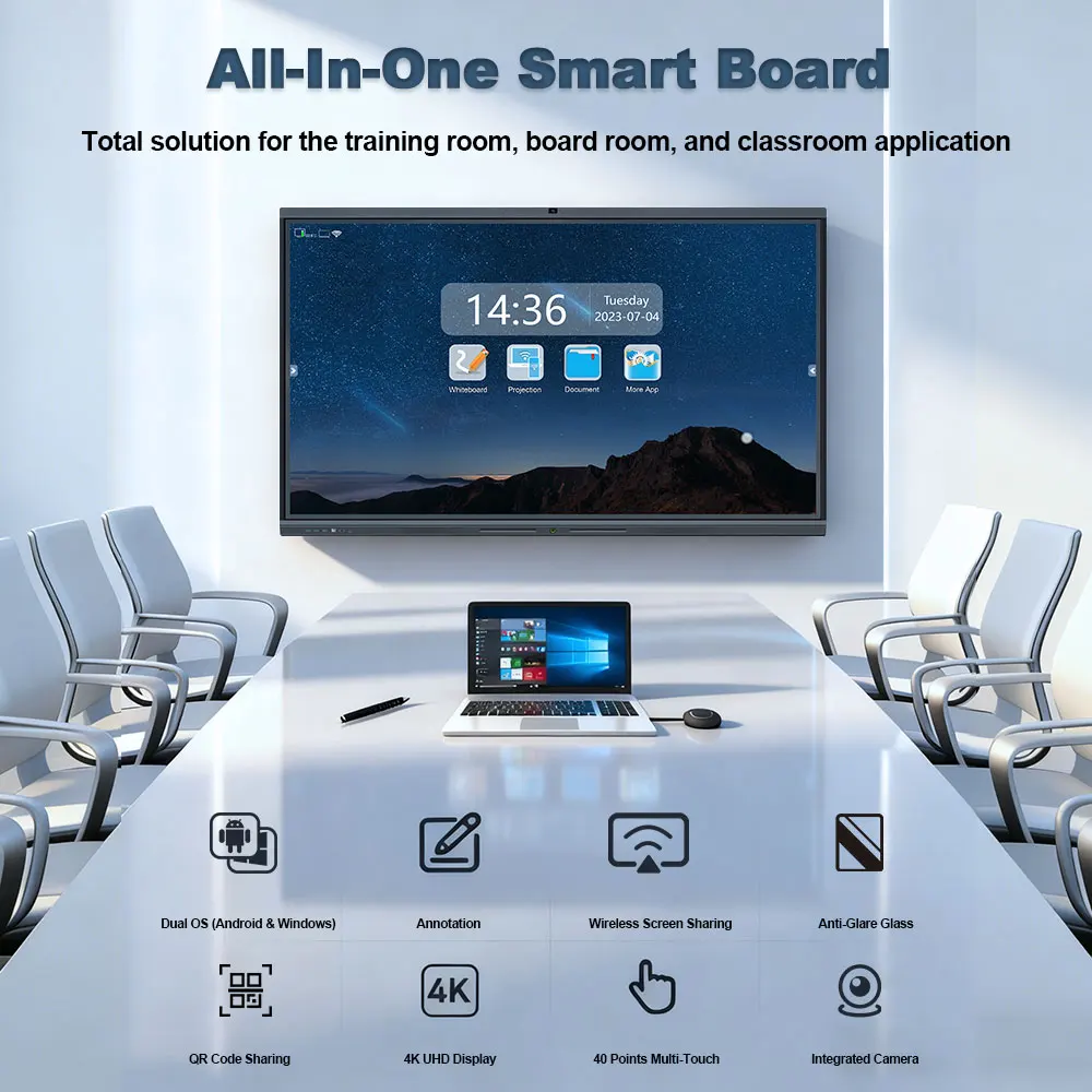 65 75 86 98 Inch 4K HD Interactive Whiteboard With 20-Touch Points And Aluminum Frame