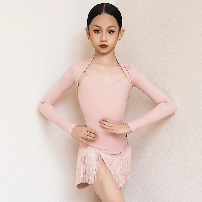 

Girls Latin Dance Clothes Pink Bodysuit Fringe Skirt Long Sleeves Cardigan Cha Cha Practice Wear Latin Performance Dress BL14077