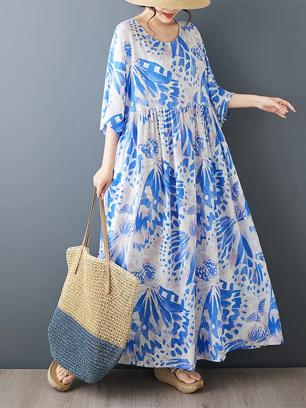 

Women's Bohemian Loose Fit Summer Dress round Neck Short Sleeve Maxi Skirt Large Size Casual Holiday Dress Floral Print Cotton