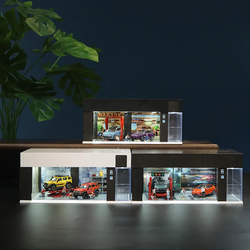 1:64 LED Car Garage Diorama Models Miniatures Display Case with Voice Control Open Close Door for Model Cars Parking Lot Theme