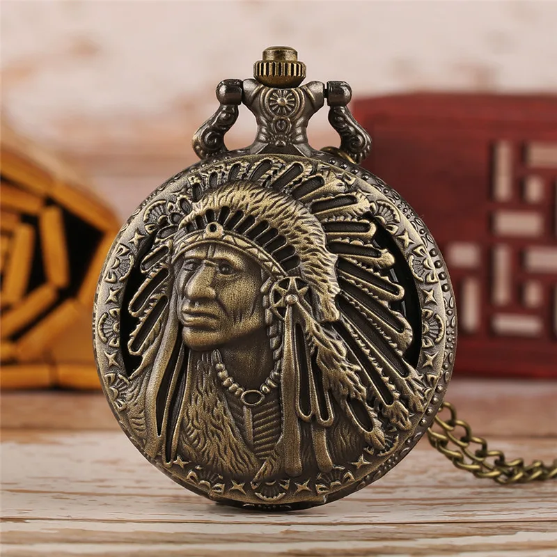 

Old Fashion Pocket Watch Indian Man Design Retro Quartz Movement Clock for Men Women with Sweater Necklace Chain reloj