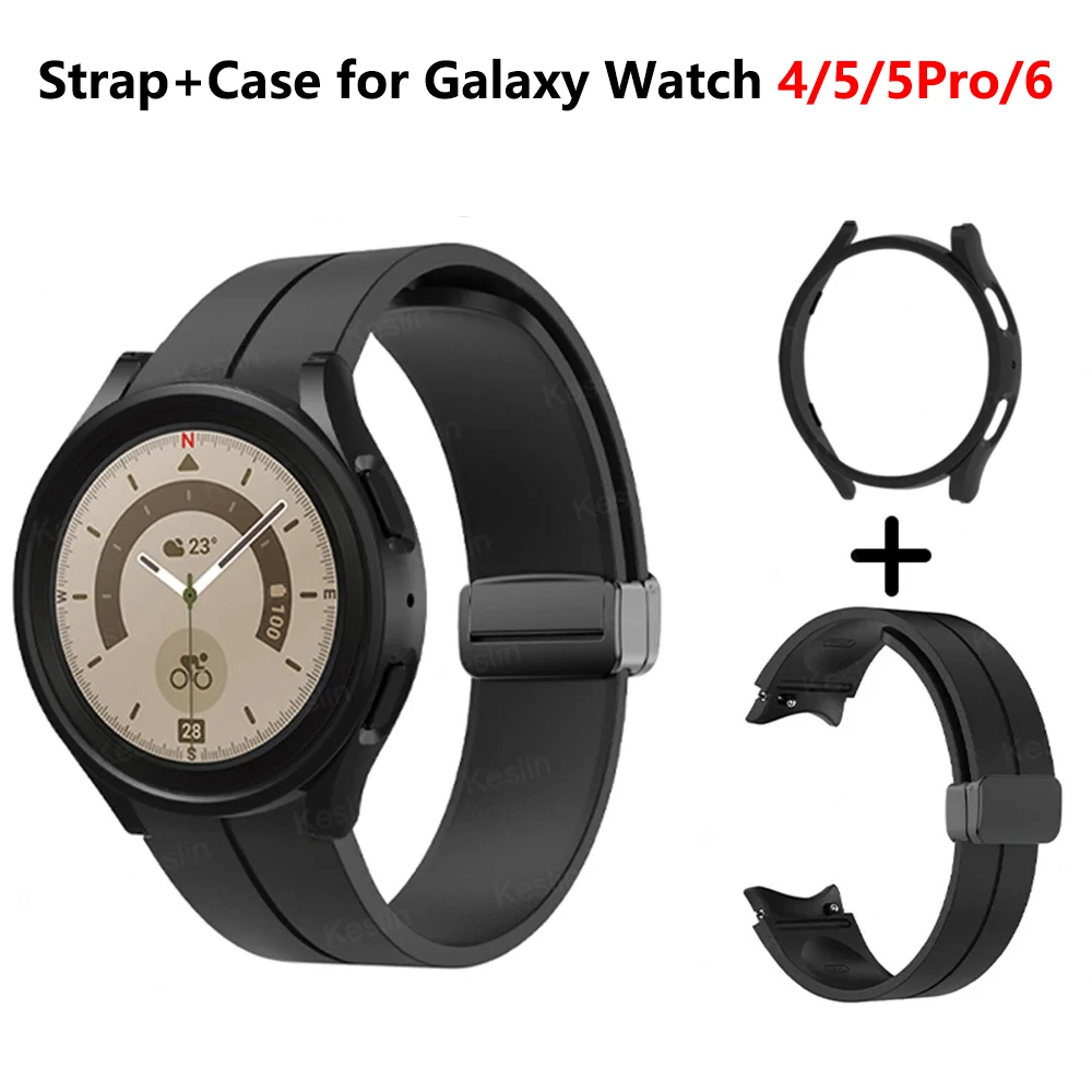 Original Silicone Strap+Case For Samsung Watch 4/5/6 40 44mm Watch 5 Pro 45mm Magnetic Buckle Band Galaxy Watch6 Classic 43 47mm