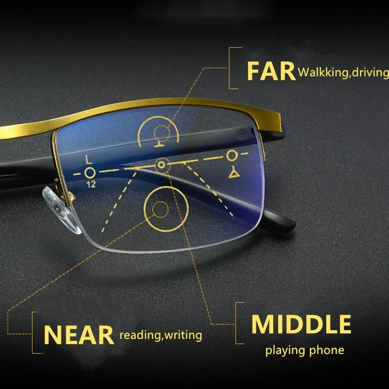 Progressive čtení brýle multifocal proti modré lehký sklo brýle polovina formulovat kov slitina muži a ženy +1.0 +1.5 na +4.0