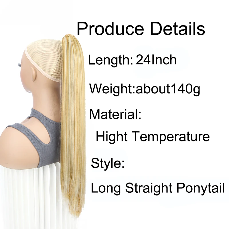 Extensiones de Cabello Sintético Largo Liso de 24 Pulgadas con Clip de Cola de Caballo, Resistentes al Calor, Rubio y Negro para Mujer 2