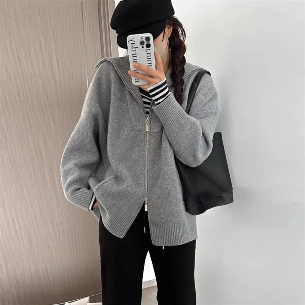 

Retro Lapel Loose Knitted Cardigan Jacket Women's Autumn and Winter New Double Zipper Sweater Women's Top