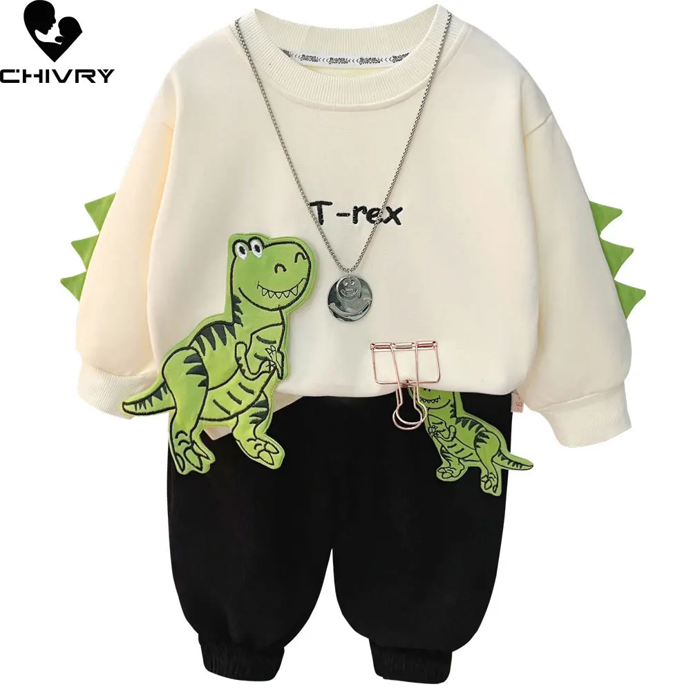 Neue Kinder Baby Frühling Herbst Mode Cartoon Dinosaurier Brief Pullover Sweatshirt Tops mit Hosen Jungen Freizeit kleidung Sets