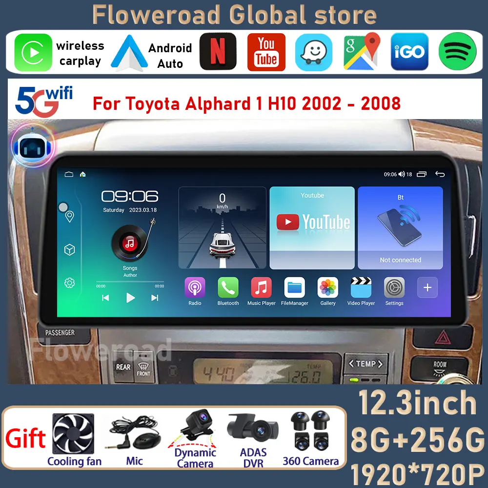 For Toyota Alphard 1 H10 2002 - 2008 Wireless Carplay Android auto Multimedia Video Player WIFI Navigation GPS AI Voice DSP