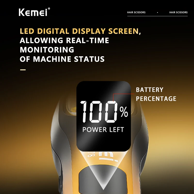 Kemei PROKM-1378 Cordless Hair Clipper, DLC Blade, Digital Display, Type-C Charge, Black Gold Gradient Barber Trimmer