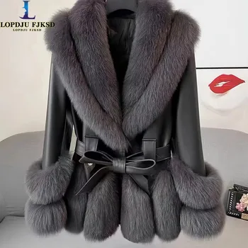 Image Faux Fur Coat for Women,Adjustable Waist Leather Jacket,Turn-down Collar, Thick Warm Clothes, High Quality, Autumn and Winter