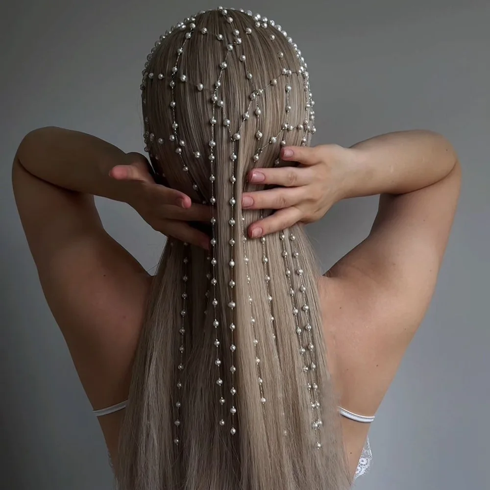 جديد الأبيض اللؤلؤ رئيس سلسلة طويلة رائعة الزفاف الجبين مجوهرات الزفاف الشعر سلسلة حك اكسسوارات للنساء هدايا 2025 #1