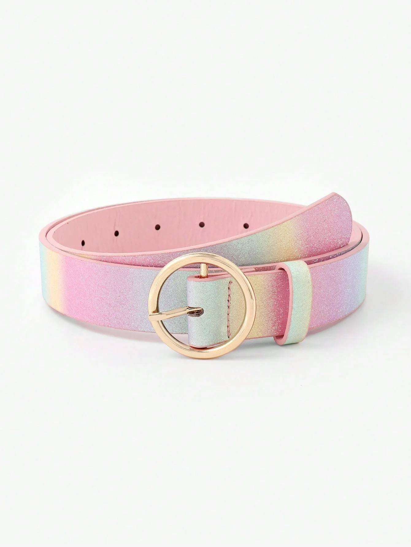 Women\'s Hot Sale Fashion Sweet Glitter Rainbow Glitter PU Leather Love Buckle and Round Buckle Belt