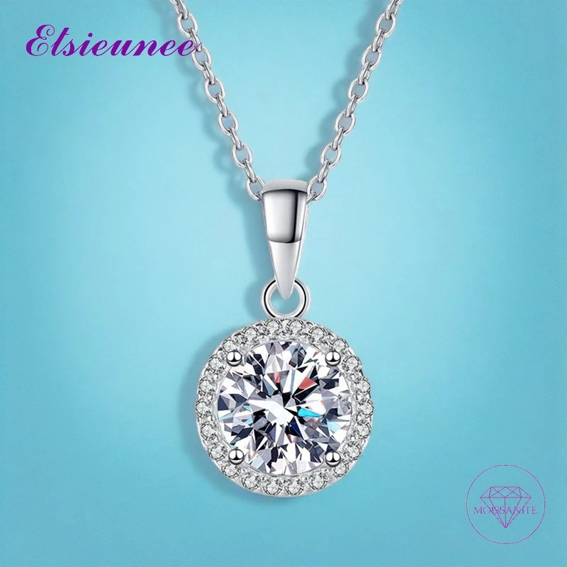 

ELSIEUNEE 1CT D Color Moissanite Necklace 925 Sterling Silver Woman's Fashion Wedding Party Jewelry Necklaces Pass Diamond Test