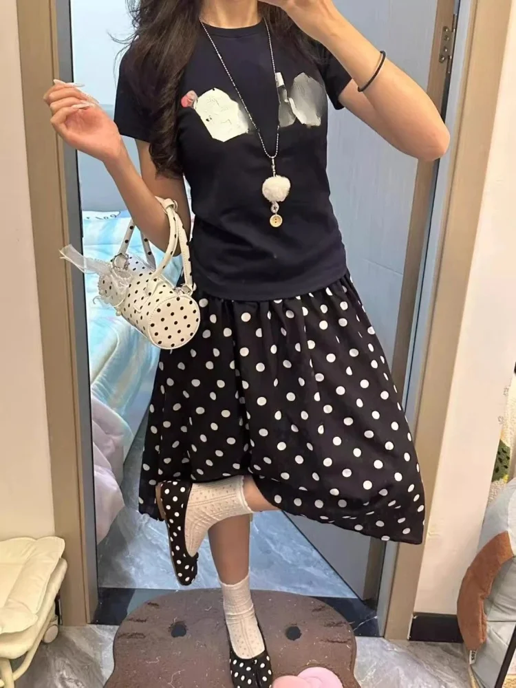 

Black Polka Dot Midi Skirts Women Japanese Sweet High Waist Pleated A-line Skirt Vintage Y2k Aesthetic Versatile Faldas