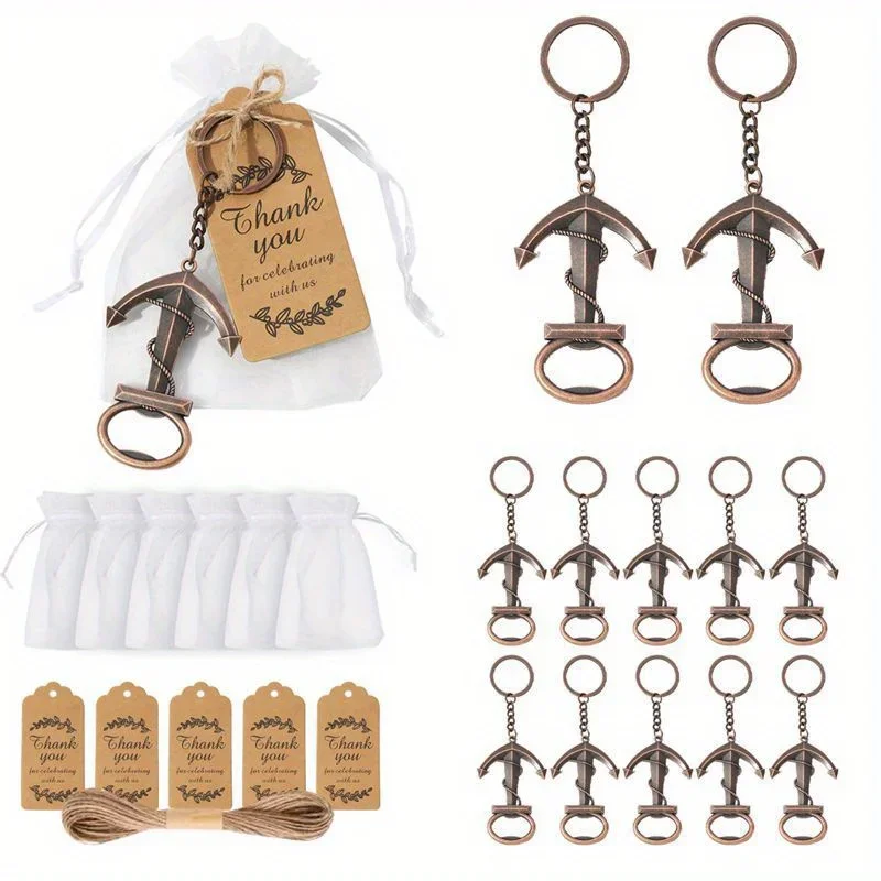 10pcs Baby Shower Bottle Opener Anchor Keychain Metal Beer Opener With Organza Bags Tags And Strings Baby Shower Party Souvenirs