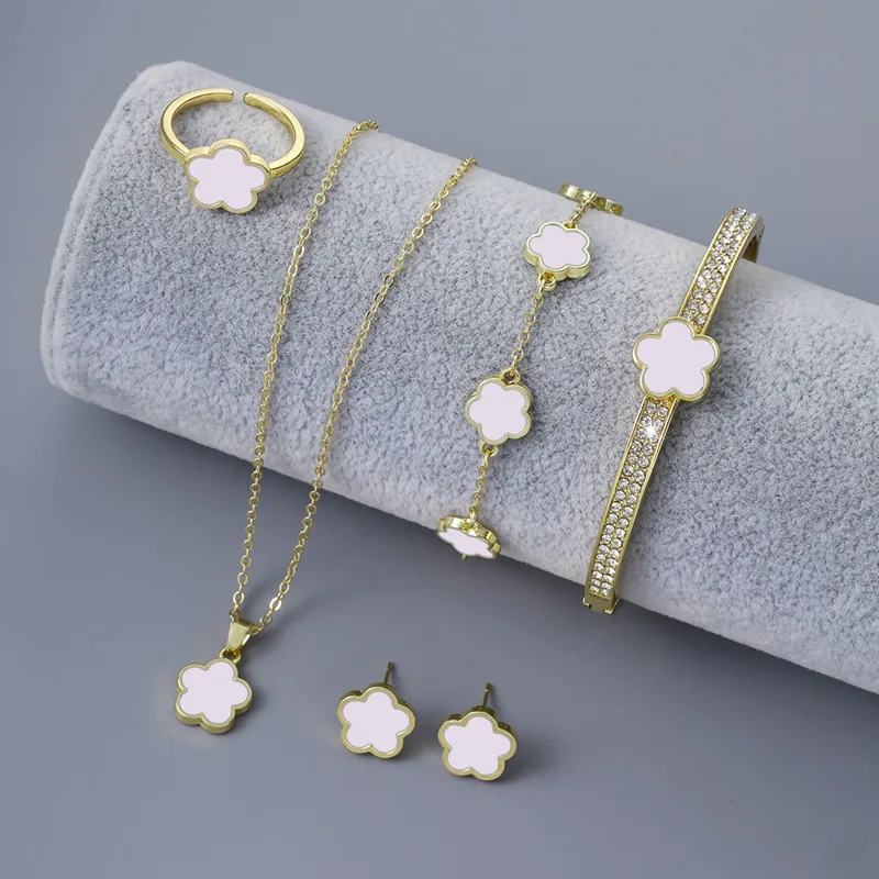 5pcs/set Luxury Quality Jewelry Sets Plum Blossom Plant Five Leaf Flower Women\'s Earrings Rings Bracelet Necklace Bangles Gift