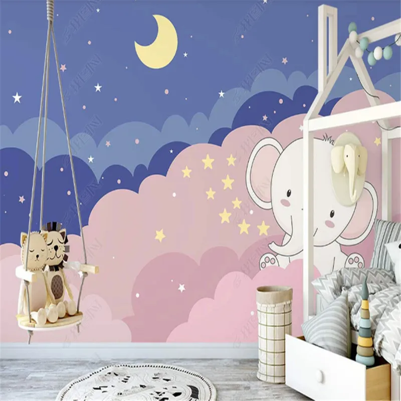 

Nordic Wallpaper for Kid's Room Cartoon Clouds Starry Sky Baby Elephant Children's Room Background Wall Papers Home Decor Mural