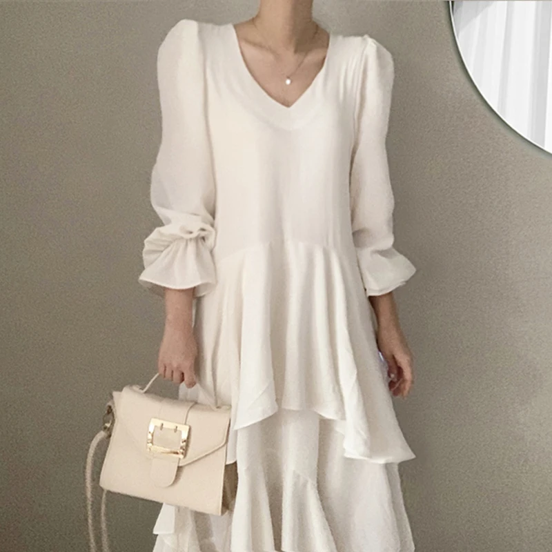 Women\'s 2024 outfits fall Spring Elegant Chest Vest Sleeveless Crop Tops V-Neck Irregular Flare Sleeve Long Dress Two piece Set