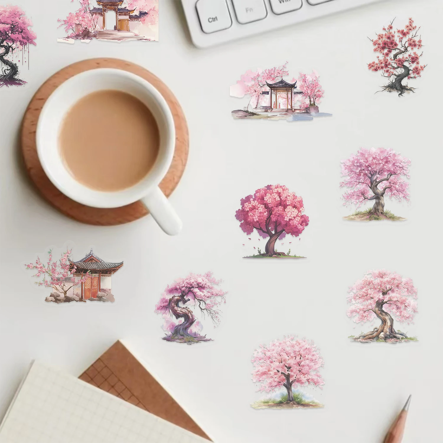 50 stuks mooie roze boom stickerpakket natuurlijk landschap decoratie dagboek DIY plakboek schoolbenodigdheden collage briefpapier sticker