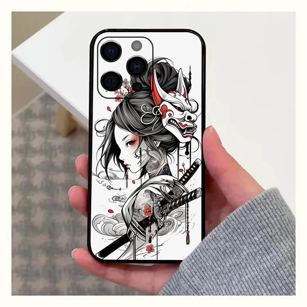 Samurai Warrior Geisha Phone Case For Apple iPhone 15,14,13,12,11,Pro,X,XS,Max,XR,Plus,Mini Soft  black shell