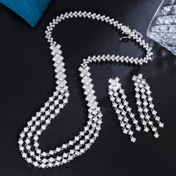 ThreeGraces Elegant Cubic Zirconia 3 Layered Design Bridal Wedding Necklace Earrings Set for Women Dubai Party Jewelry TZ867