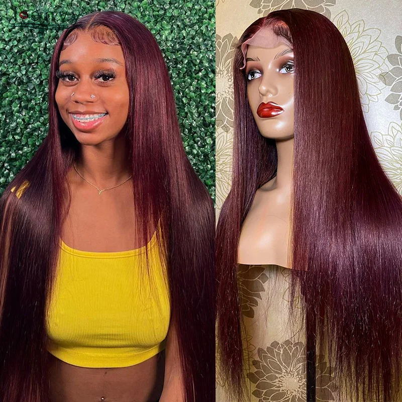 Burgundy 13X6 Hd Lace Frontal Human Hair Wigs Straight Red 13X4 Lace Front Wigs Human Hair For Women Pre Plucked 99J Colored Wig