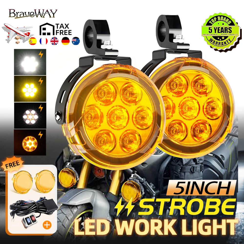 Braveway 5-Zoll Motorrad LED-Scheinwerfer Rücklicht 3500K 6500K Blinkende DRL Mit Kabel Nebelscheinwerfer Fahrhilfsbeleuchtung 12V 24V