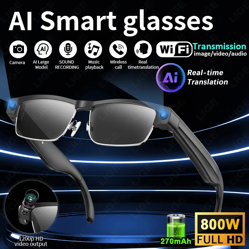 LIGE 8 Million Pixels Camera Smart Sunglasses Recording Videos 270mAh AI Photo Recognition Chat Translation Bluetooth Glasses