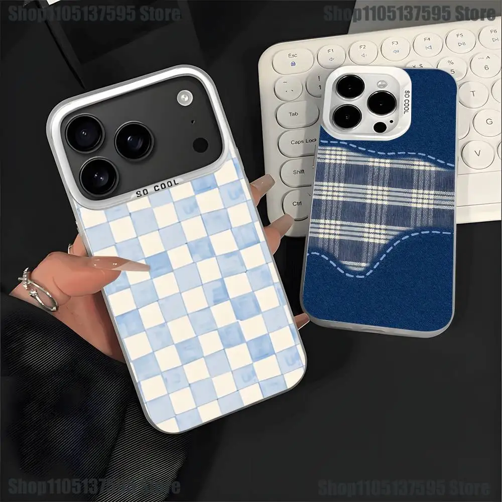 

Ins Korean Blue Striped Grid Phone Case For iPhone 17,16,15,14,13,12,11,Pro,XS,Max,Plus,Mini,SE4,E White Matte Shockproof Cover