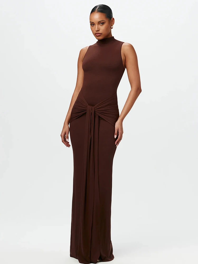 Sibybo Fashion Elegance Sleeveless Ribbon Long Dress Basics Solid Color Skinny Robe 2024 Temperament Women Club Party Dress image 4