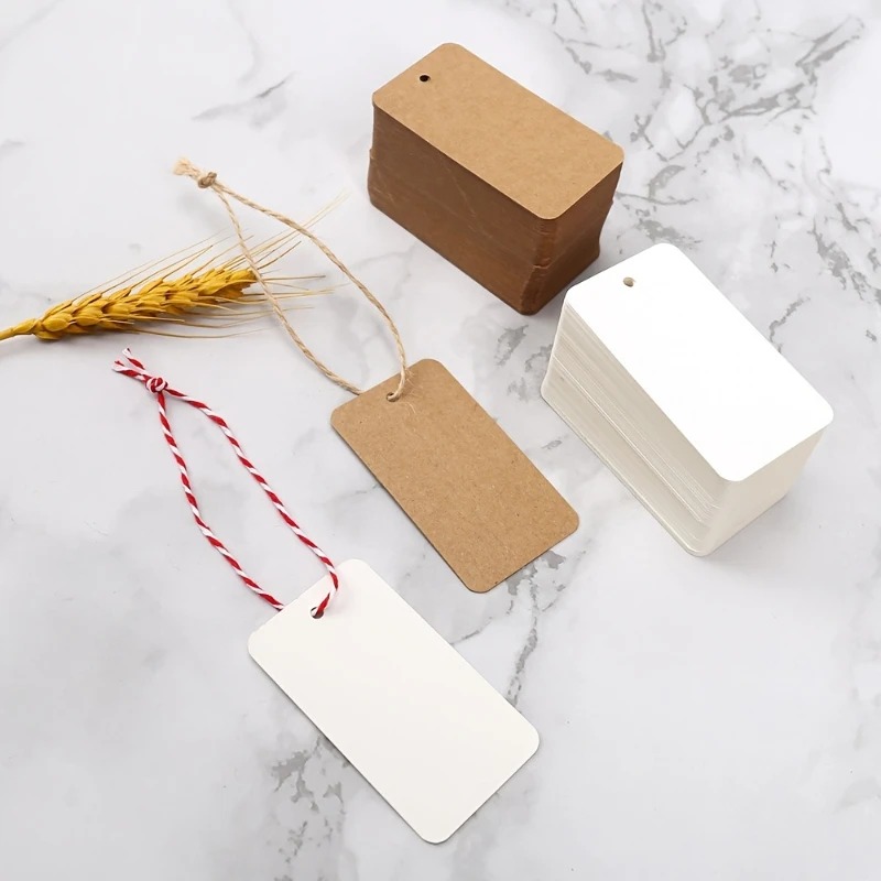 100pcs 7x4cm Paper Tag Kraft White Packaging Label With Rope DIY Label Wedding Party Gift Decorating Tag Cookie Packaging