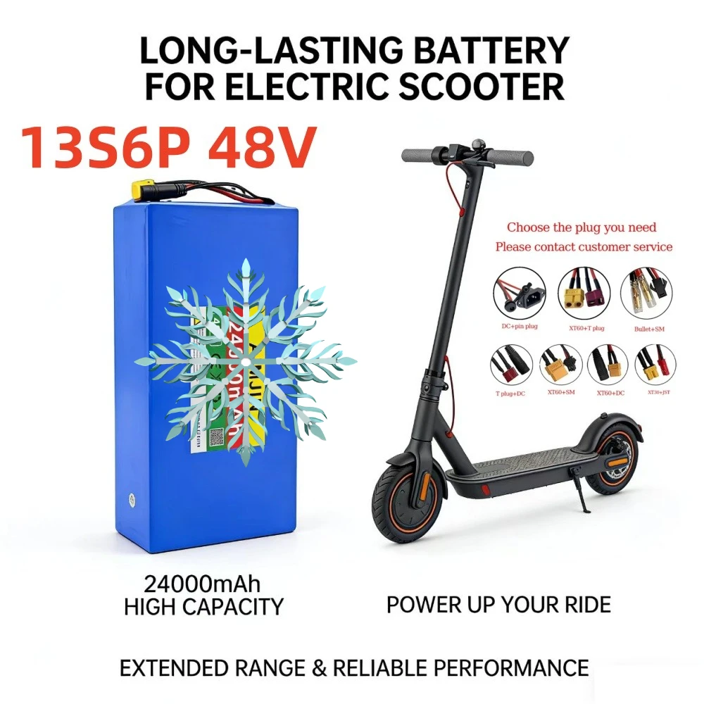 Brand-new 13S6P 48V 24Ah 2000W 18650 li-ion battery pack, suitable for 54.6V bicycles+optional built-in BMS plug