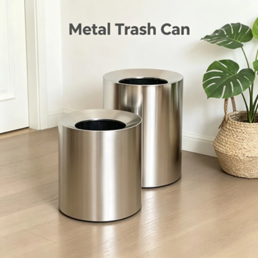 Electroplated Silver Wastebasket Imitation Metal Trash Bin Household Rubbish Container Living Room Bedroom Office Industrial