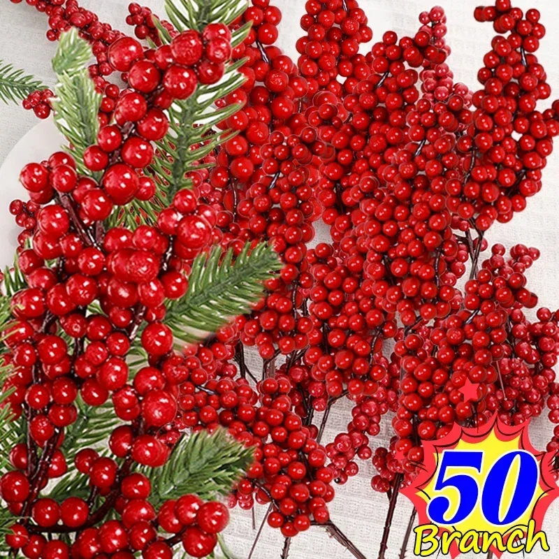 Artificial Holly Berry Stamen Wreath Enfeites, Natal Red Berries Branch, Plantas Falsas, Flores, Árvore De Natal, Decoração De Casa De Festa