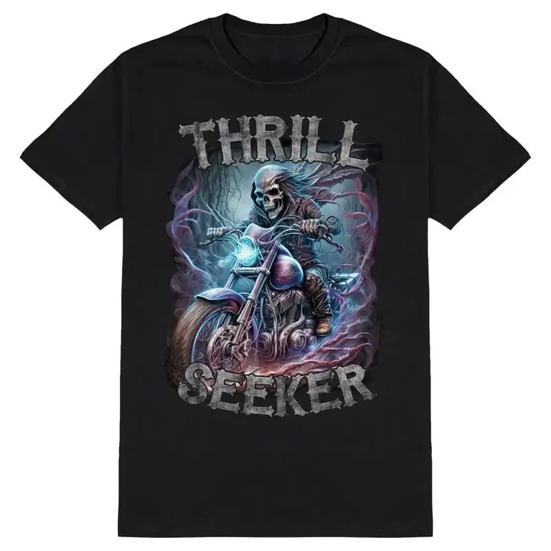 Mens Biker T Shirt Thrill Seeker Skeleton Motorcycle Bike Motorbike Chopper Goth