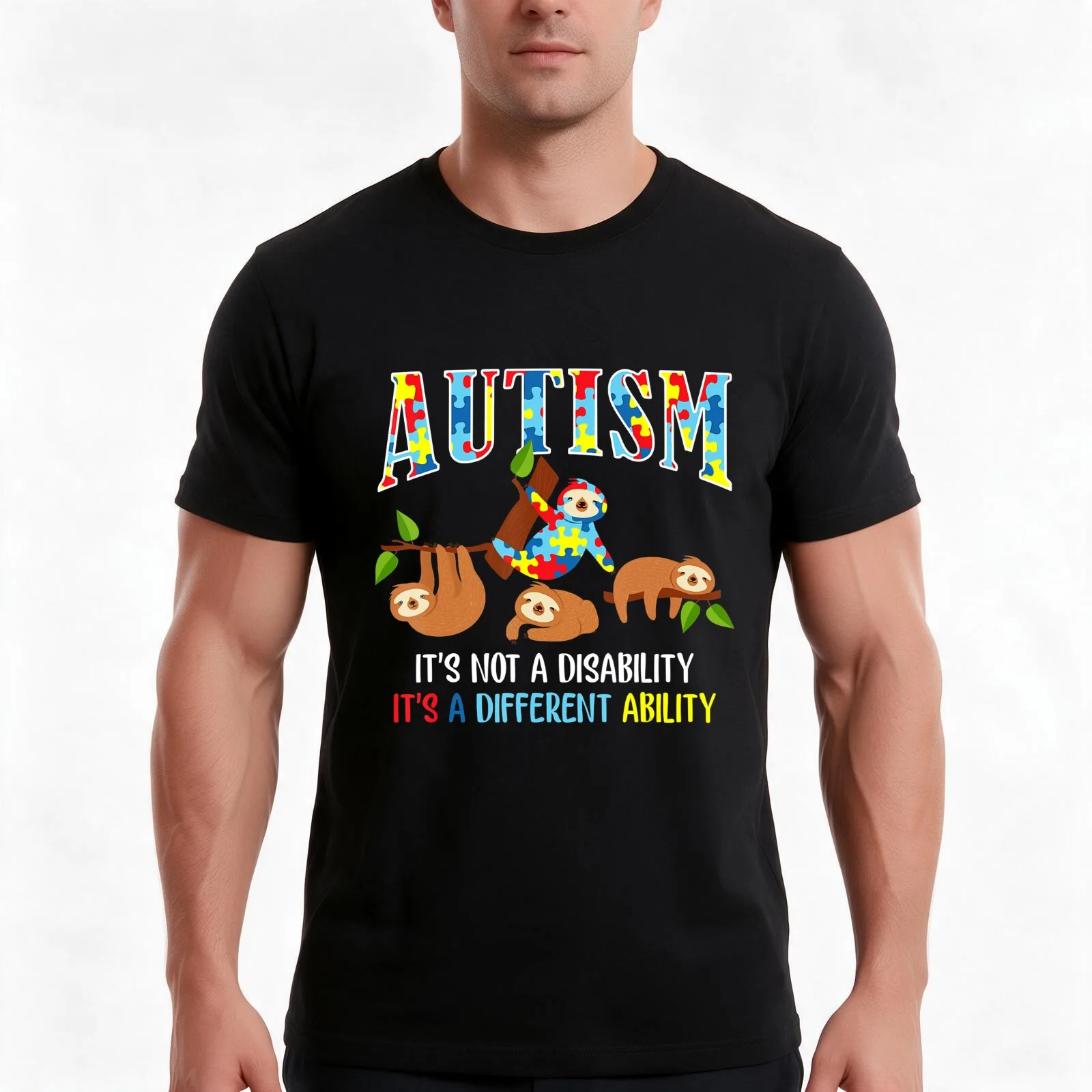 Autism Its Not A Disability Autism Awareness Sloth T-Shirt, Summer Casual Cotton Tee, Oversized Streetwear Tops, 100% Cotton