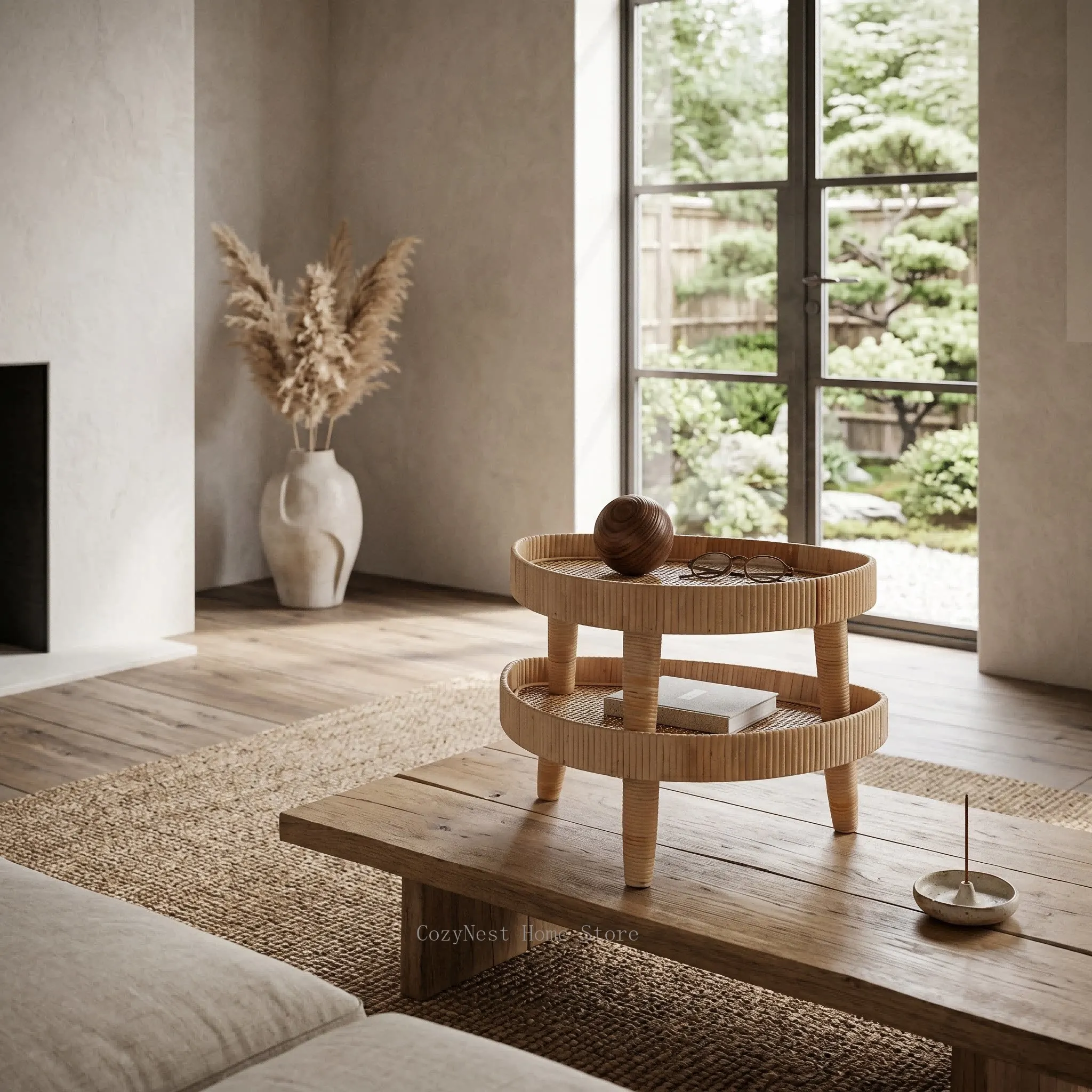 Rattan Half-Moon Foot Tray & Low Tea Table for Window Sill, Woven Side Table for Leisure, Versatile Small Tea Tray