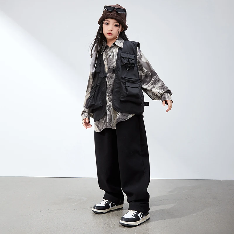 Kids Kpop Outfits Hip Hop Clothing Black Cargo Vest Top Denim Casual Pants Streetwear for Girl Boy Jazz Dance Costumes Clothes