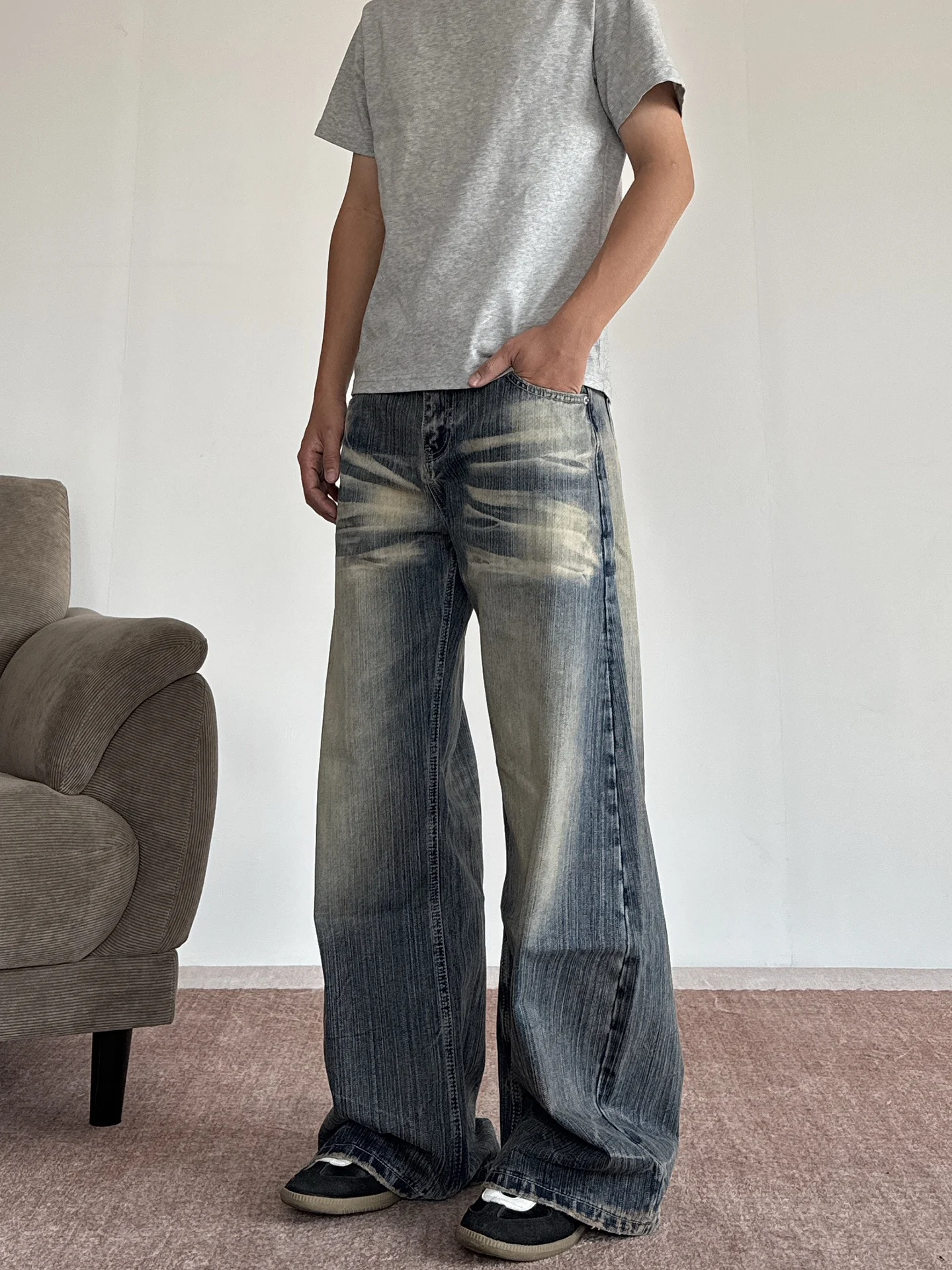 

Retro American Sle Men's Jeans Knife Waed Straight Leg Bell Bot Casual Loose Long Trousers Youth Faion