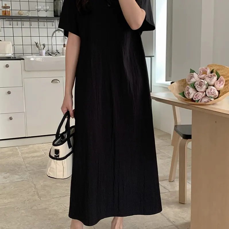 Korean Style Pleated Long Dress Women Summer Loose Lazy Short Sleeve Maxi Slimming Casual Knee-Length Shirt Dress