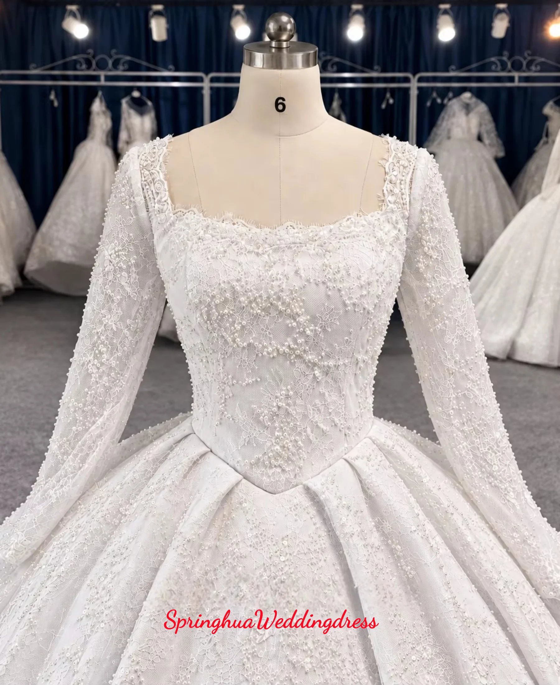 Customized Real Photo Luxury Beaded Lace Wedding Dress Long Sleeve Square Neck Ball Gown Bridal Dress with Vestidos De Novia