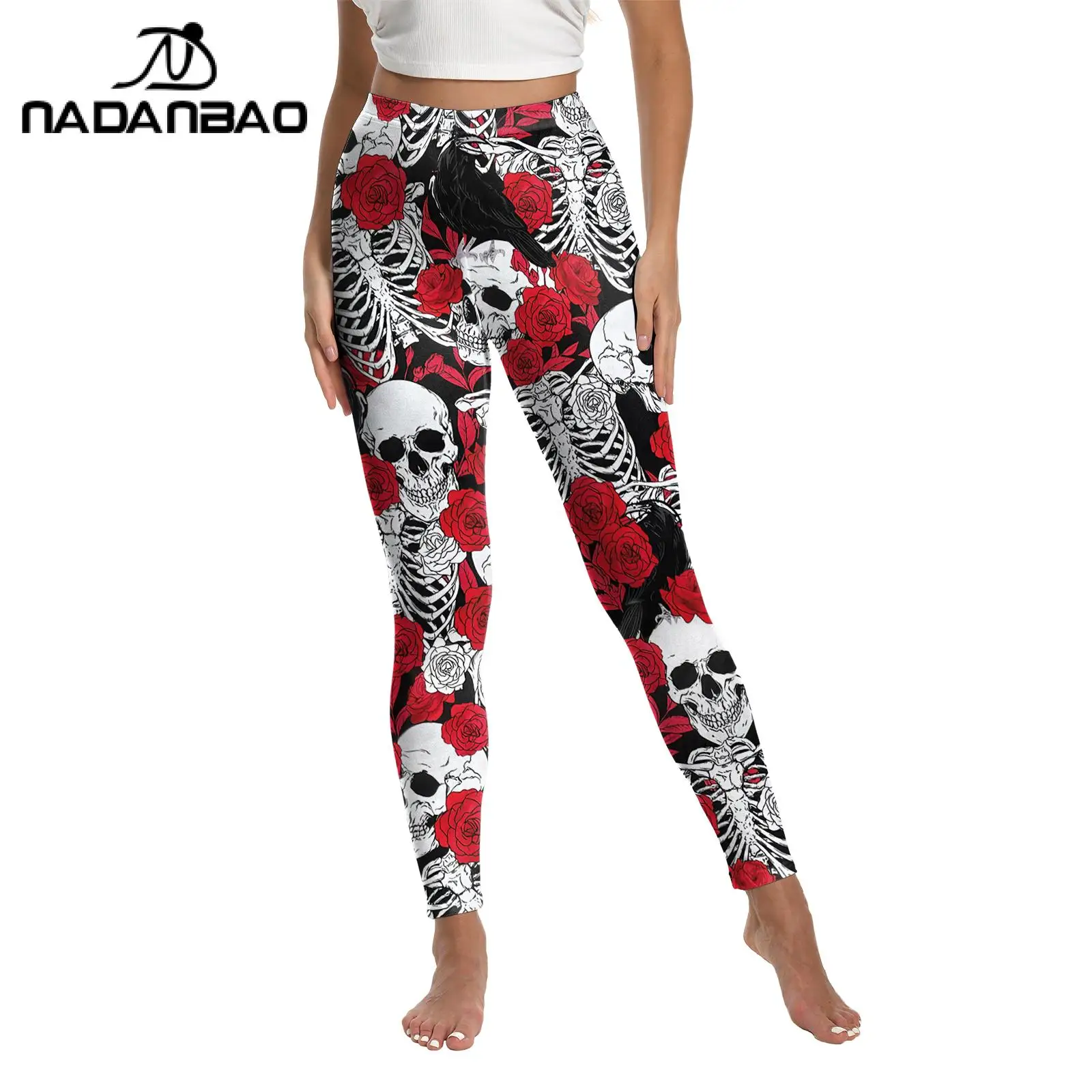 Nadanbao-mallas de esqueleto rosa para mujer, pantalones de fiesta con estampado 3D de calavera, medias sexys del Día de los muertos, pantalones de entrenamiento elásticos de cintura media