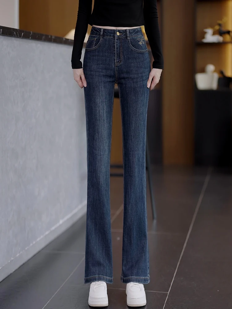 

High Waist Micro Flare Embroidered Denim Jeans Women's Spring Autumn Slimming Tapered Pants Korean Style Commute Fashion